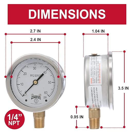 Winters 2-1/2" Dial Size, Liquid Filled Industrial Pressure Gauge, Brass Internals, 304 Stainless Steel Case, Single Scale 0-60 psi, 1.5% Acc, 1/4" NPT Bottom Mount, Glycerin Filled Pressure Gauge