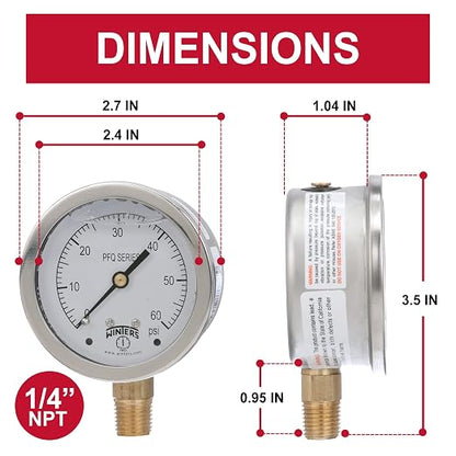 Winters 2-1/2" Dial Size, Liquid Filled Industrial Pressure Gauge, Brass Internals, 304 Stainless Steel Case, Single Scale 0-60 psi, 1.5% Acc, 1/4" NPT Bottom Mount, Glycerin Filled Pressure Gauge