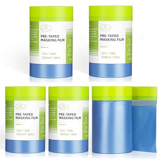 Tangibay Pre-Taped Masking Film for Painting - 22" x 66' Painters Plastic Sheeting with Automotive Paint Tape and Drape for Covering Cars, Walls, Windows and Furniture Protection (5 Rolls)