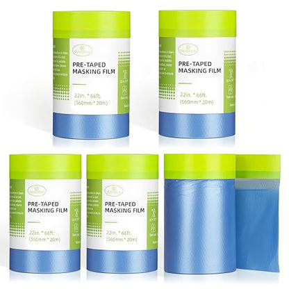 Tangibay Pre-Taped Masking Film for Painting - 22" x 66' Painters Plastic Sheeting with Automotive Paint Tape and Drape for Covering Cars, Walls, Windows and Furniture Protection (5 Rolls)