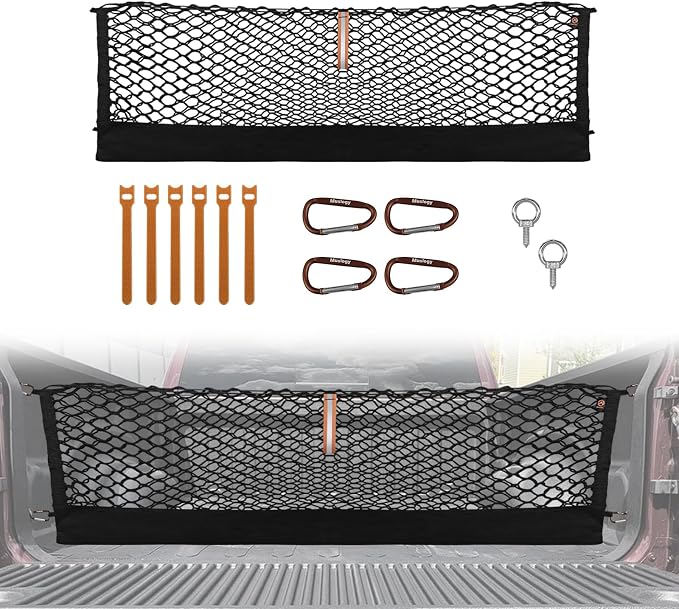 Muslogy Truck Bed Cargo Net Trunk Netting Compatible with Dodge Ram 1500 2019-2025 2026 Accessories, Pickup Cargo Organizer SUV Sedan Storage Net w/Heavy Duty Carabiners