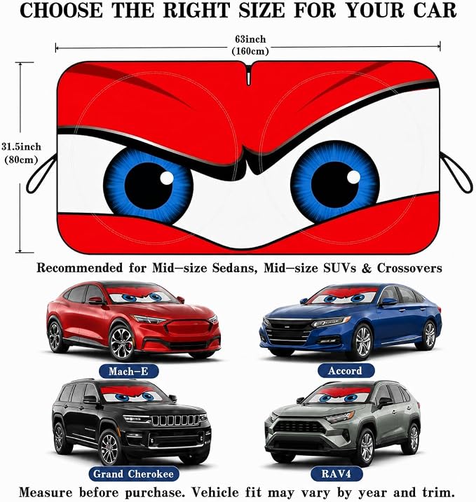 Car Windshield Sun Shade, Red Angry Eyes Car Sun Shade, Windshield Cover Universal Fits Mid-Large Sedan SUV Crossover Family Vehicle, UV Heat Protection - 63 x 31.5