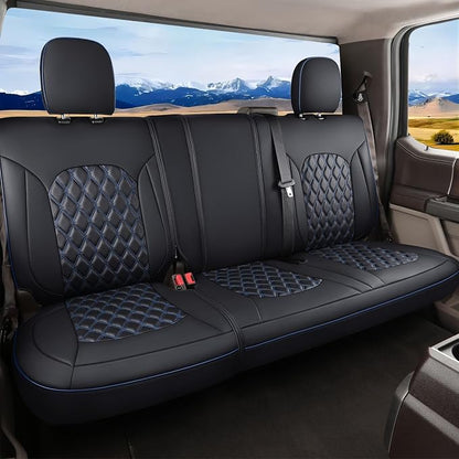 Huidasource Custom Fit Ford F150 Rear Bench Split Leather Seat Covers Fit for 2015-2025 F150 SuperCrew & 2017-2025 F250 F350 F450 Super Duty Crew Cab Pickup King Ranch Platinum(Back Row/Black&Blue)