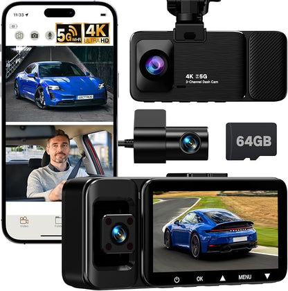 4K Dash Cam Front and Rear Inside, 3 Channel Dash Camera for Cars with 64GB SD Card, 5G WiFi Dash Cam, APP Control, Night Vision, 3" IPS Screen, G-Sensor, Loop Recording, K02 Pro