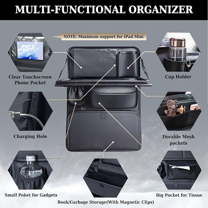 Coverado Backseat Car Organizer, Nappa Leather Car Seat Organizer with Touch Screen Tablet Holder, Foldable Food Tray, Kick Mats Protector, Multi Car Storage Accessories, Garbage Bag Holder-1 Pack