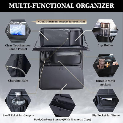Coverado Backseat Car Organizer, Nappa Leather Car Seat Organizer with Touch Screen Tablet Holder, Foldable Food Tray, Kick Mats Protector, Multi Car Storage Accessories, Garbage Bag Holder-1 Pack