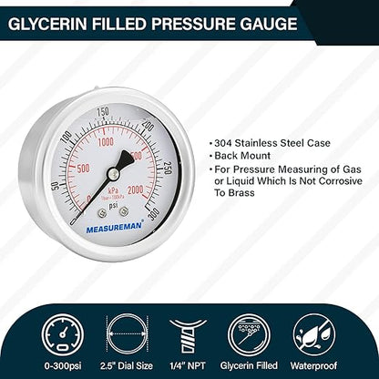 MEASUREMAN 2-1/2 inch Dial Size, Liquid Filled Pressure Gauge, 0-300psi/2000kpa, 304 Stainless Steel Case, 1/4 inch NPT Back Mount