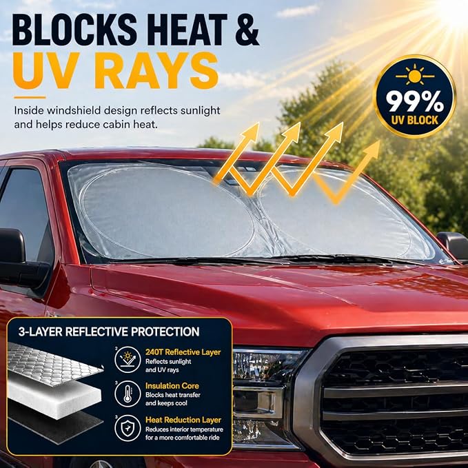Ford F150 Windshield Sun Shade, Custom Fit Foldable Front Window Sunshade Visor, Blocks UV Rays and Heat, Keeps Interior Cooler, Fits 1990–2025 Models