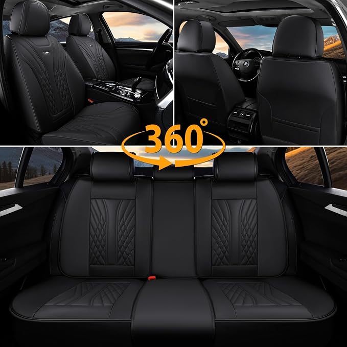 Coverado Car Seat Covers Full Set, 5 Seats Front Seat Cover and Back Seat Covers for Cars, Automotive Seat Covers Nappa Leather Waterproof Seat Covers, Car Seat Protectors Universal for Cars Black