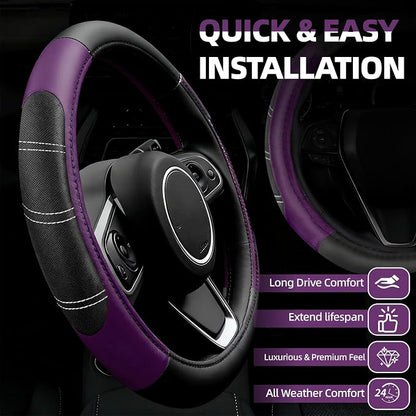 NBTEPEM 6 Pcs Purple Car Accessories Set, Sport Leather Steering Wheel Cover 14.5-15inch Universal, Leather Car Center Console Cover, Seat Belt Cushion, Cup Holder Coaster (Black-Purple)