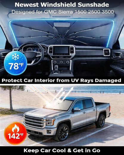 DMJN Umbrella Windshield Sun Shade for GMC Sierra 1500 2500 3500 (2014-2026), Car Sunshade for Front Windshield [Nano Ice-Crystal Coatings] UPF50+ Heat & UV Block, Protect Interior & Keep Cooler