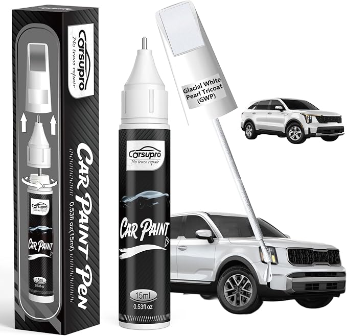 Glacial White Pearl Tricoat(GWP) for Kia Touch Up Paint Pen, 2 in 1 Car Scratch Remover with Pen Tip and Brush, Precise Color Match for Car Paint Scratch Repair, Quickly and Easily Fix Chips and Nicks