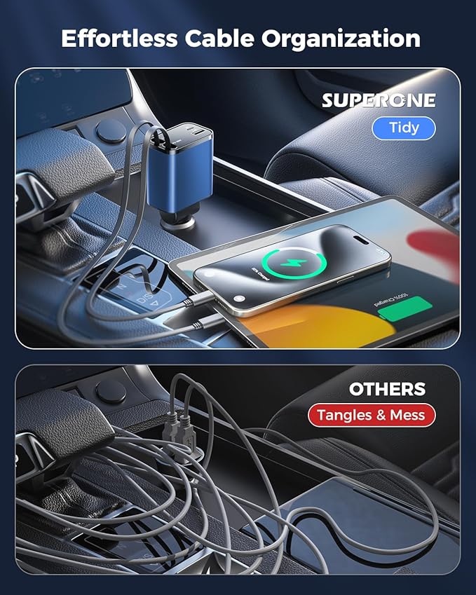 [Upgraded] 4 in 1 Retractable Car Charger, SUPERONE Smaller Fast Car Phone Charger 69W with Cord, USB C and iPhone Car Charger Adapter, Compatible iPhone 17/17 Pro Max/16/15/14/13, Sumsung