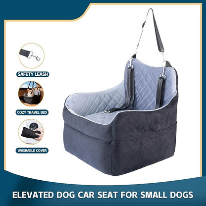Dog Car Seat for Small Dogs, Elevated Pet Booster Seat with Safety Leash & Anti-Slip Base, Washable Dog Car Bed Travel Seat for Small Pets up to 30 lbs, Black & Gray