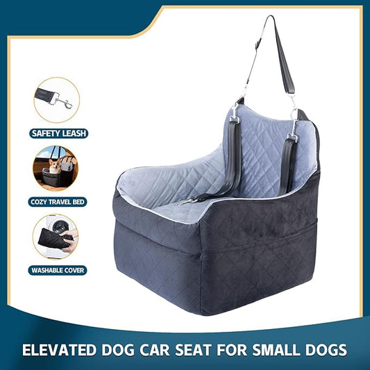 Dog Car Seat for Small Dogs, Elevated Pet Booster Seat with Safety Leash & Anti-Slip Base, Washable Dog Car Bed Travel Seat for Small Pets up to 30 lbs, Black & Gray