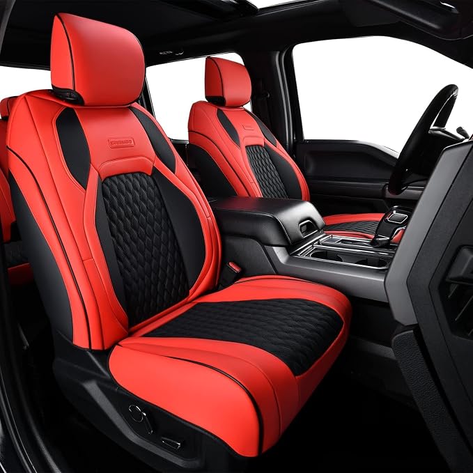 Coverado Front Seat Covers for Ford F150 2015-2026, F250 F350 F450 2017-2026 SuperCrew Crew Cab, Red Leather Car Seat Covers, Full Coverage