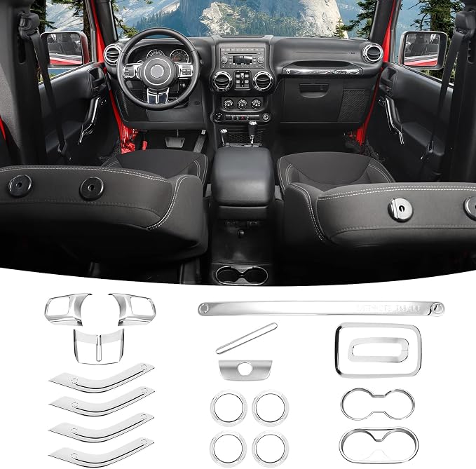 18PCS Full Set Interior Trim Kit for Jeep Wrangler JK JKU 2011-2018 4 Door,Center Console Door Handle Side Outlet Cup Holder Gear Cover Trim (Chrome)