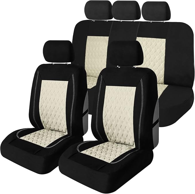 Universal Fit Diamond Stitched Flat Cloth Car Seat Covers Full Set - Beige