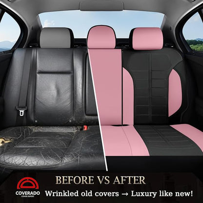Coverado Front and Back Seat Covers for Cars Leather Car Seat Cover Full Set 5 Seats Waterproof Seat Protector Automotive Seat Covers Universal Fit for Most Cars SUV Trucks, Pink&Black