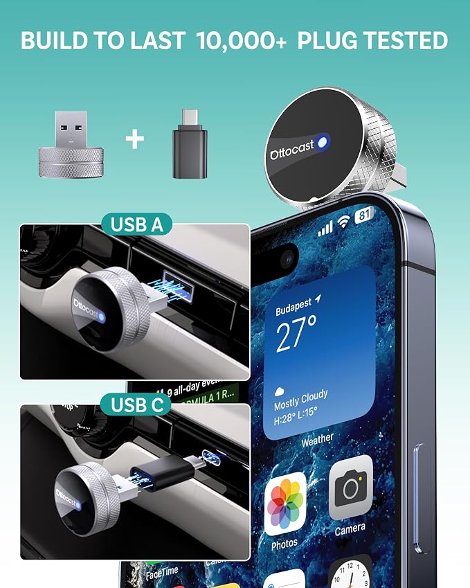 OTTOCAST Mini Tube 2026 Wireless CarPlay & Android Auto Adapter, Ultra-Fast Auto Reconnect,WiFi 6 & Bluetooth 5.4,Mini Plug & Play Dongle for Cars with Wired CarPlay