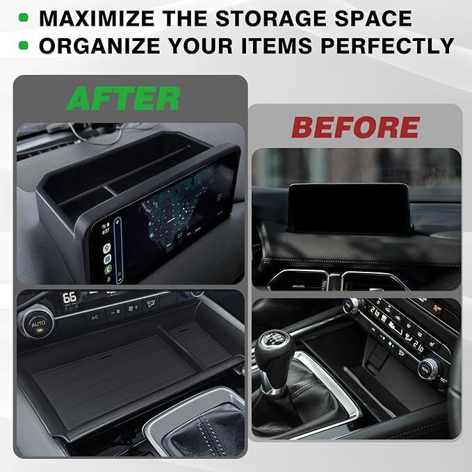 Muslogy Center Console Front Organizer & Dash Storage Box Insert Tray Behind Screen Compatible with Mazda CX5 CX-5 Accessories 2022-2025 Sunglasses Coin Holder(Console Front Tray&Dash Organizer)