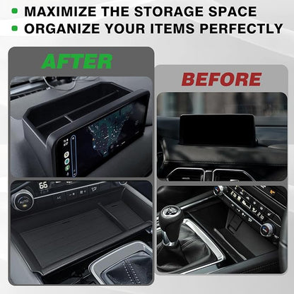 Muslogy Center Console Front Organizer & Dash Storage Box Insert Tray Behind Screen Compatible with Mazda CX5 CX-5 Accessories 2022-2025 Sunglasses Coin Holder(Console Front Tray&Dash Organizer)