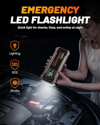 WOLFBOX 4000A Jump Starter,12V Car Battery Jumper Starter Portable with 65W Quick Charger,LED Display,88.8Wh Booster Jump Box Pack (10L Gas 10L Diesel Engine) with LED Light,Jumper Cables, Rose Gold