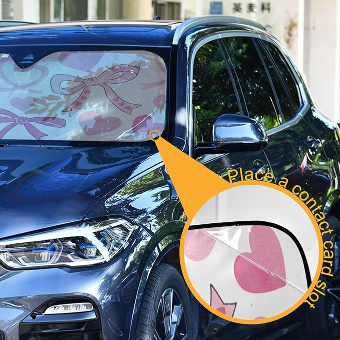 Cars Front Sun Shade Windshield,Foldable Reflective Sun Visor Pink Bows and Hearts White Windshield Sunshade Cover,Blocks UV Ray Sun Protect Interior Keep Cool,55" x 27.6"