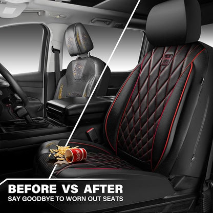 CAR PASS Piping Luxury PU Leather Two Front Car Seat Covers, Waterproof Anti Slip Seat Covers Compatible with Front Seat Armrests,Universal Fit for Suvs,Vans,Trucks,Airbag Compatible(Black and Red)