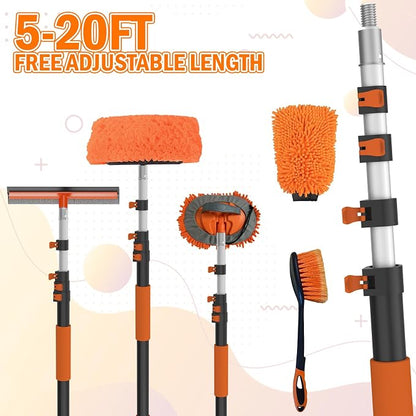 LAANPOLE 20FT Car Wash Brush with Long Handle, Car Cleaning Kit with Soft Bristle Wash Brush, Microfiber Cleaning Mop, Window Squeegee, Mitt, Wheel Brush for RV, Truck, Boat, House Siding