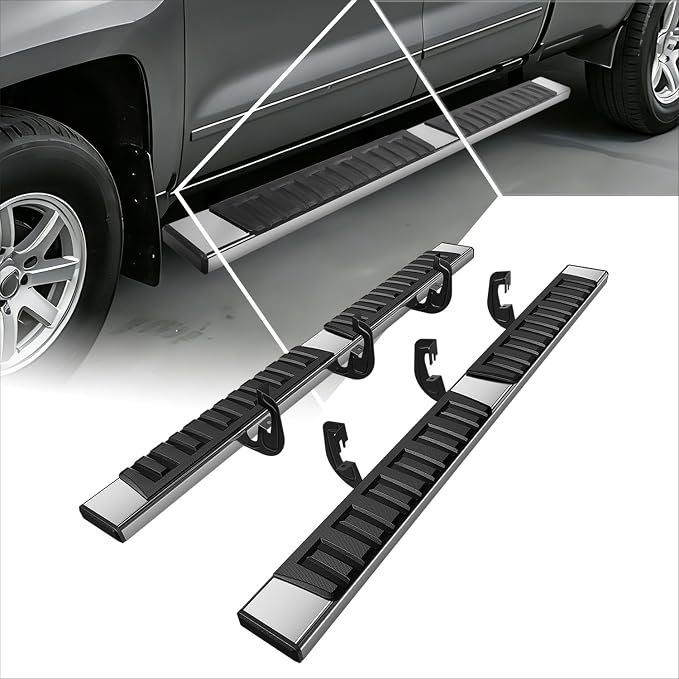 6.7" Running Boards Side Steps for Truck Compatible with 2007-2019 Chevy Silverado/GMC Sierra 1500 2500HD 3500HD Extended Cab, Stainless Steel Flat Side Steps Nerf Bars, Chrome