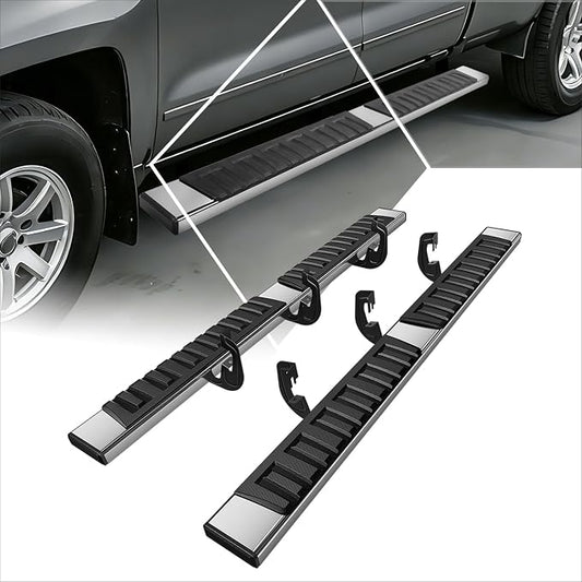 6.7" Running Boards Side Steps for Truck Compatible with 2007-2019 Chevy Silverado/GMC Sierra 1500 2500HD 3500HD Extended Cab, Stainless Steel Flat Side Steps Nerf Bars, Chrome