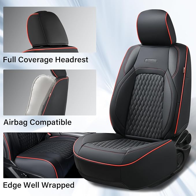 Coverado Seat Covers Dodge RAM 1500, Curved Front Waterproof Leatherette Seat Covers for Car Compatible with 2009-2018 Dodge Ram 1500, 2010-2024 Ram 2500 3500 Dodge RAM Trucks, Red line