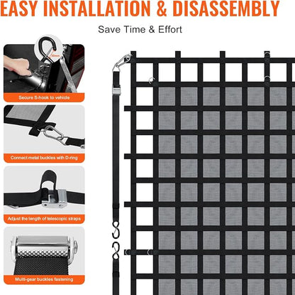VEVOR Cargo Net with Mesh, 120 in x 105 in, Heavy Duty Truck Cargo Net-(WLL) 1,500lbs, 4 Adjustable Straps with Carabiners & S-Hooks, Truck Bed Cover for Trailer, Pickup, Boat, Jeep, SUV 8.75’x10’