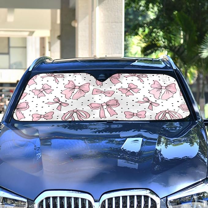 Cute Bows Pink Windshield Sun Shade for Car Auto SUV Truck Foldable Front Window Sunshade Sun Visor Protector Block UV Rays Reflect Heat, 55" x 28"