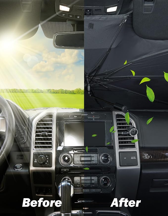 JOYTUTUS Windshield Sun Shade Umbrella, Fit for Ford 2015-2025 F150 F250 F350, with 360° Rotation Bendable Shaft, Titanium Silver Coating for UV Ray Block, Car Front Window Sun Shade Keep the Car Cool