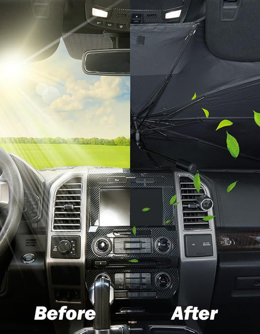JOYTUTUS Windshield Sun Shade Umbrella, Fit for Ford 2015-2025 F150 F250 F350, with 360° Rotation Bendable Shaft, Titanium Silver Coating for UV Ray Block, Car Front Window Sun Shade Keep the Car Cool