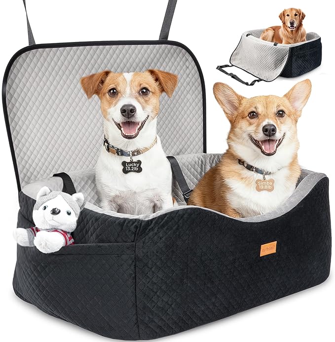 Dog Car Seat for Large Dogs up to 55lbs or 2 Small Dogs with 4" Memory Foam, Back Seat Medium Pet Booster Seat with Triple Safety Belts, Adjustable Leashes, Detachable/Washable (Black/Gray, Large)