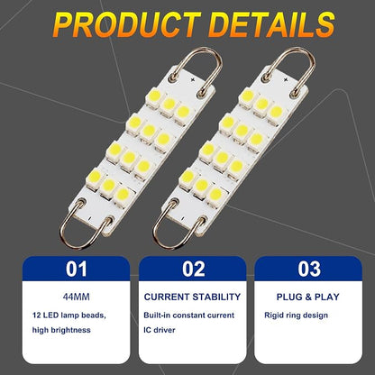 Festoon Rigid Loop LED Lights, 44mm, 6000K White, 561 562 567 564, Fit for Car Interior, Dome, Map, Door Courtesy, Gloves Box and Trunk Lighting (4-Pack)