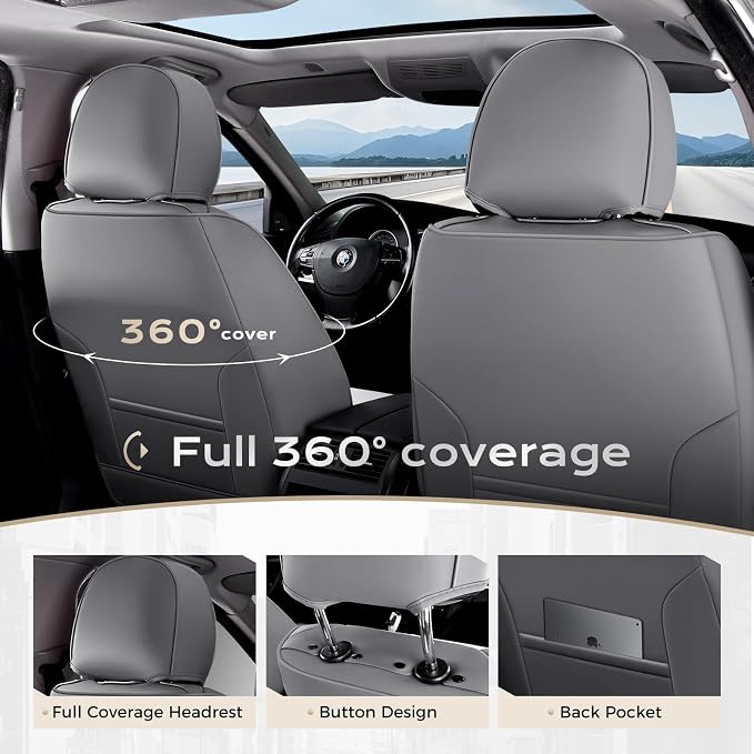 Coverado Seat Covers Full Set, 5 Seats Seat Covers for Cars, Waterproof Nappa Leather Car Seat Covers with Head Pillow, Seat Protectors Car Seat Cushion Universal Fit for Most Cars (Gray&White)