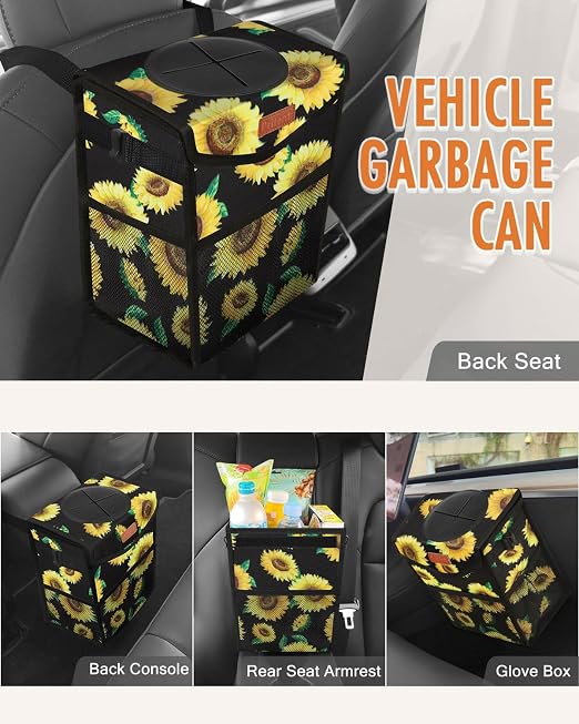 Pritent Car Trash Can with Lid, Cute Leakproof Car Trash Garbage Bag Hanging Vehicle Trash Bin Small Portable Automotive Garbage Cans Organizer for Back/Front Seat/Console(2.8 Gallons,Sunflower)