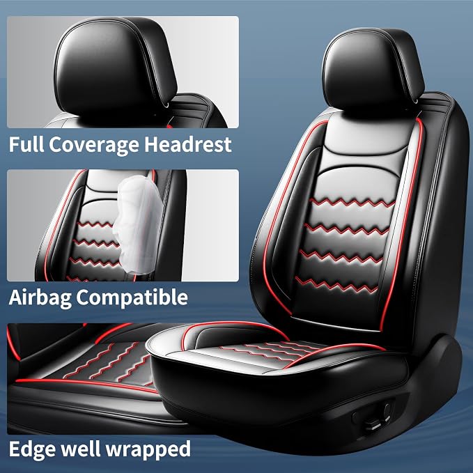 Ranger Car Seat Covers Custom Fit for Ford Ranger 2019-2026, Full Coverage Leather Waterproof Breathable Seat Covers, Automotive Seat Protectors, Airbag Compatible(2 Front Seats, Black & Red)