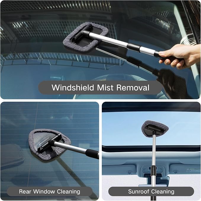 Qydipclin 7pcs Windshield Cleaner Tool Car Window Cleaning Wash Kit with 4 Reusable Microfiber Pads 1 Spray Bottle and Extendable Handle Auto Glass Wiper Kit, Gray