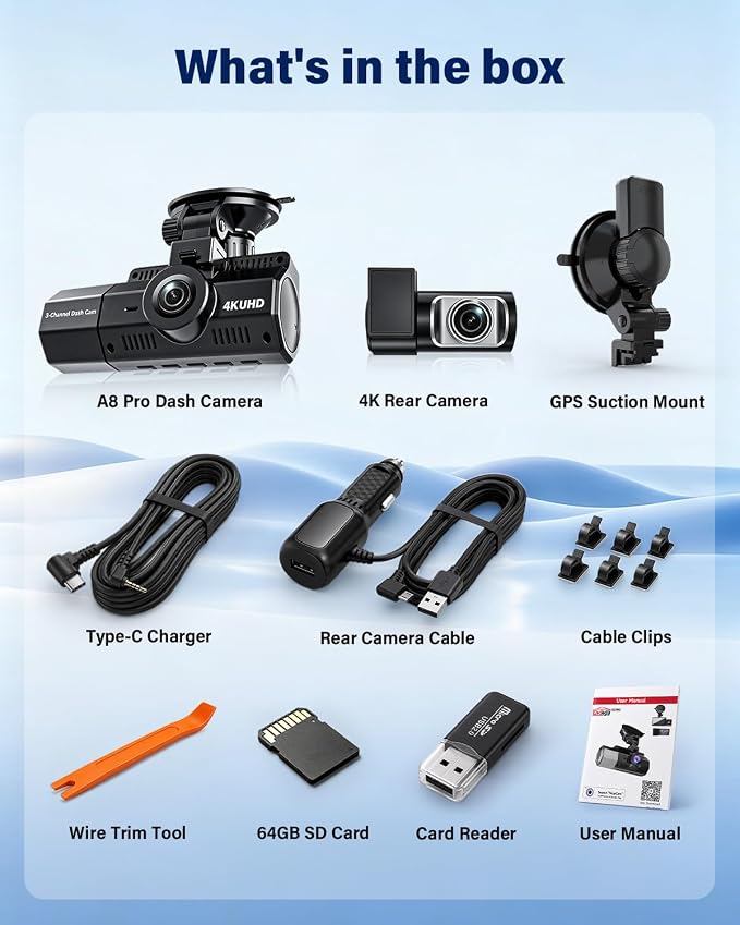 4K+2.5K+2.5K Dash Cam, STARVIS 2 Dash Camera 3-Channel, Free 64GB Card, Dashcam with 5G WiFi GPS, G-Sensor,Loop Recording, HDR, 24H Parking Monitor, Car Dash Cam for Rideshare & Taxi