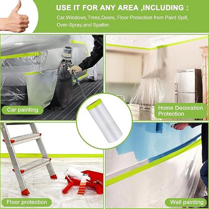 Pre-Taped Masking Film-55inx65ft Tape and Drape Painters Paper Rolls, Plastic Painting Film for Automotive Painting Covering （Masking Film:6rolls,Tape:3rolls）