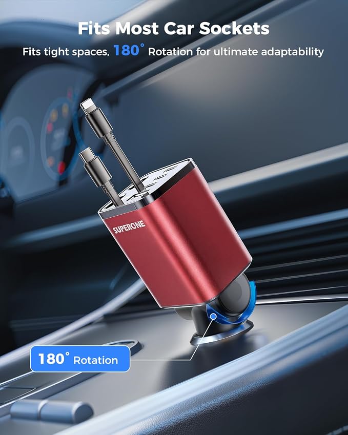 [Upgraded] 4 in 1 Retractable Car Charger, SUPERONE Smaller Fast Car Phone Charger 69W with Cord, USB C and iPhone Car Charger Adapter, Compatible iPhone 17/17 Pro Max/16/15/14/13/12/11, Sumsung