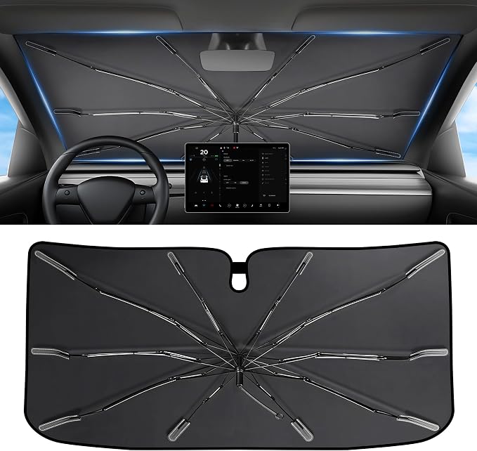 2026 for Tesla Model Y Model 3 Windshield Sun Shade Umbrella [7-Layer Vinyl Coating Heat Shield] Foldable Front Window Sunshade Umbrella Protect Interior from UV Keep Car Cooler(56" x 35")