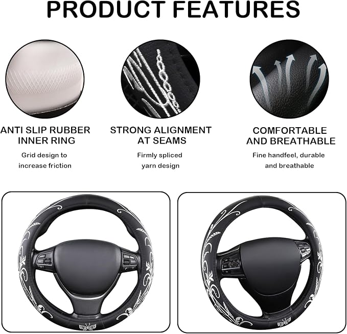 White Embroidery Butterfly Car Steering Wheel Cover,14.5-15 Inch Universal Leather Covers Breathable Anti-Slip Odorless Steering Wheels Accessories for Men Women