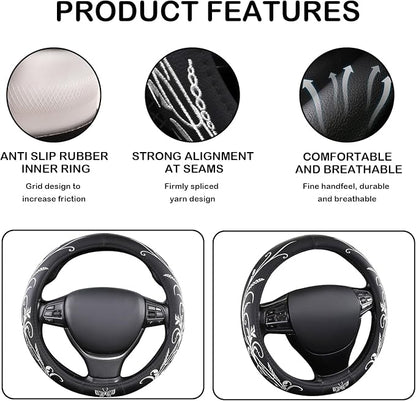 White Embroidery Butterfly Car Steering Wheel Cover,14.5-15 Inch Universal Leather Covers Breathable Anti-Slip Odorless Steering Wheels Accessories for Men Women