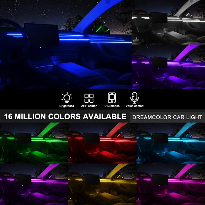 Acrylic Interior Car LED Strip Light with Wireless APP, RGB 14 in 1 with 175 inches 593 LEDs Fiber Optic Ambient Lighting Kits, 16 Million Colors Sound Active Function Car Neon Lights